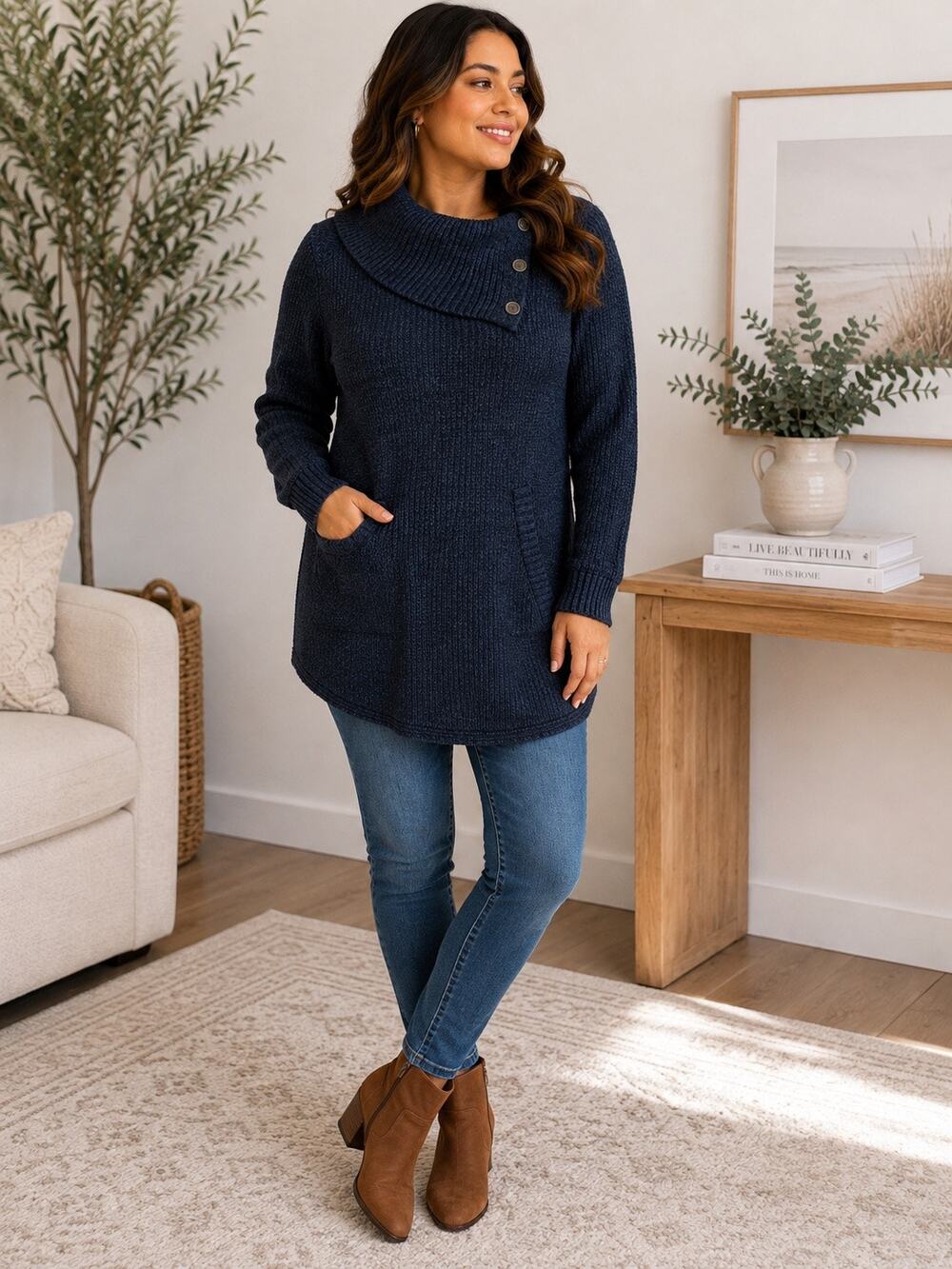Style & Co Navy Knit Button Collar Sweater Size Small